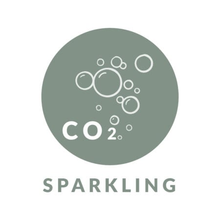 Round green icon with white CO2 text and bubbles, labeled sparkling below