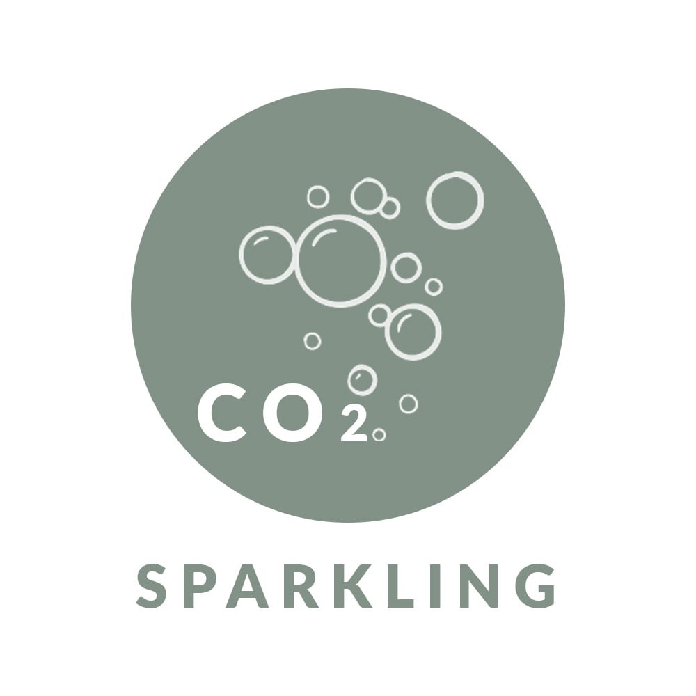 Round green icon with white CO2 text and bubbles, labeled sparkling below