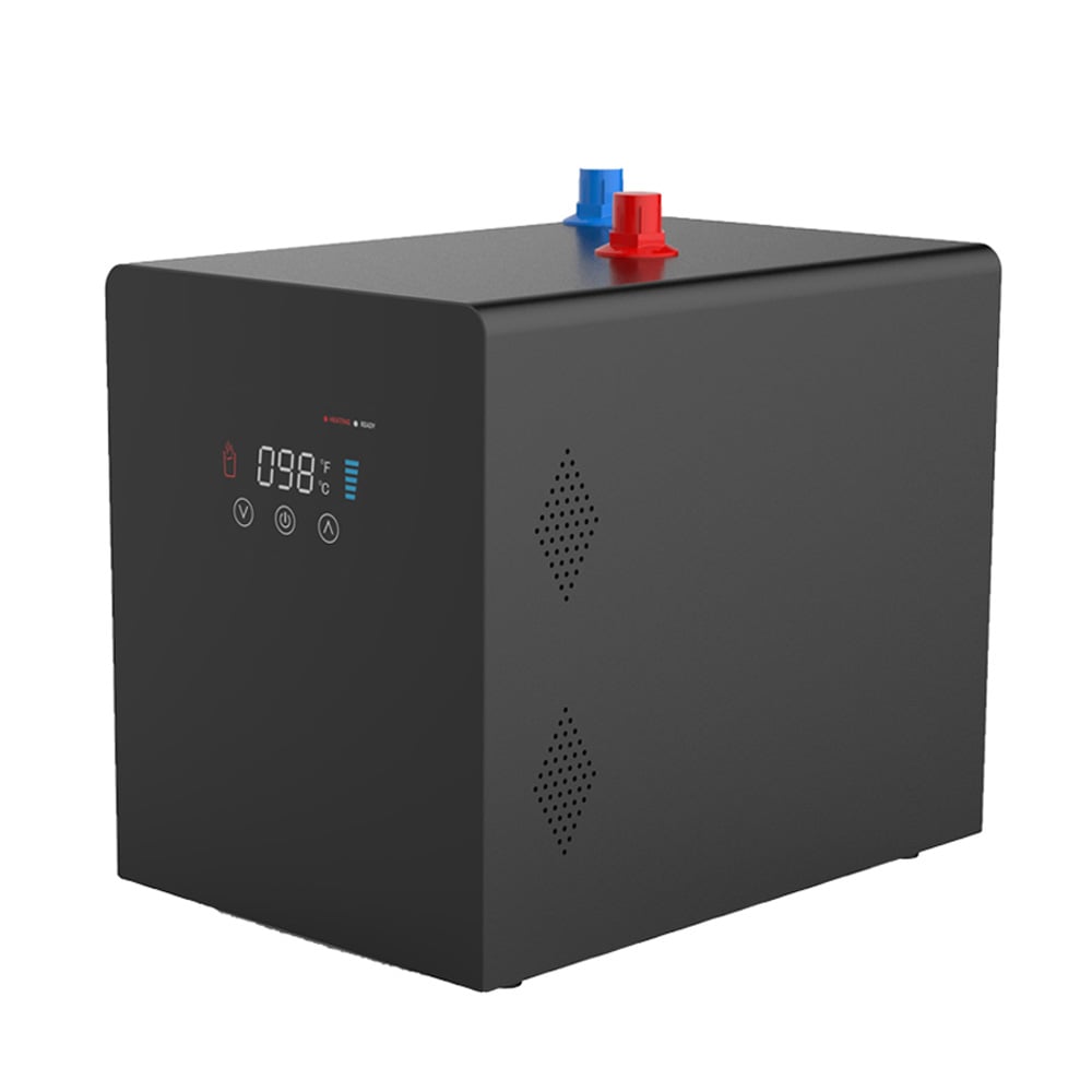 Black rectangular water boiler with digital temperature display and red and blue valves on top
