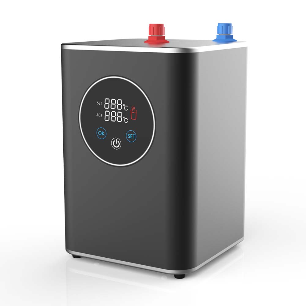 Black rectangular water boiler with digital temperature display and red and blue knobs on top