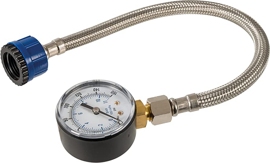 Water Pressure Gauge Round water pressure gauge with black casing and flexible braided metal hose with blue plastic connector