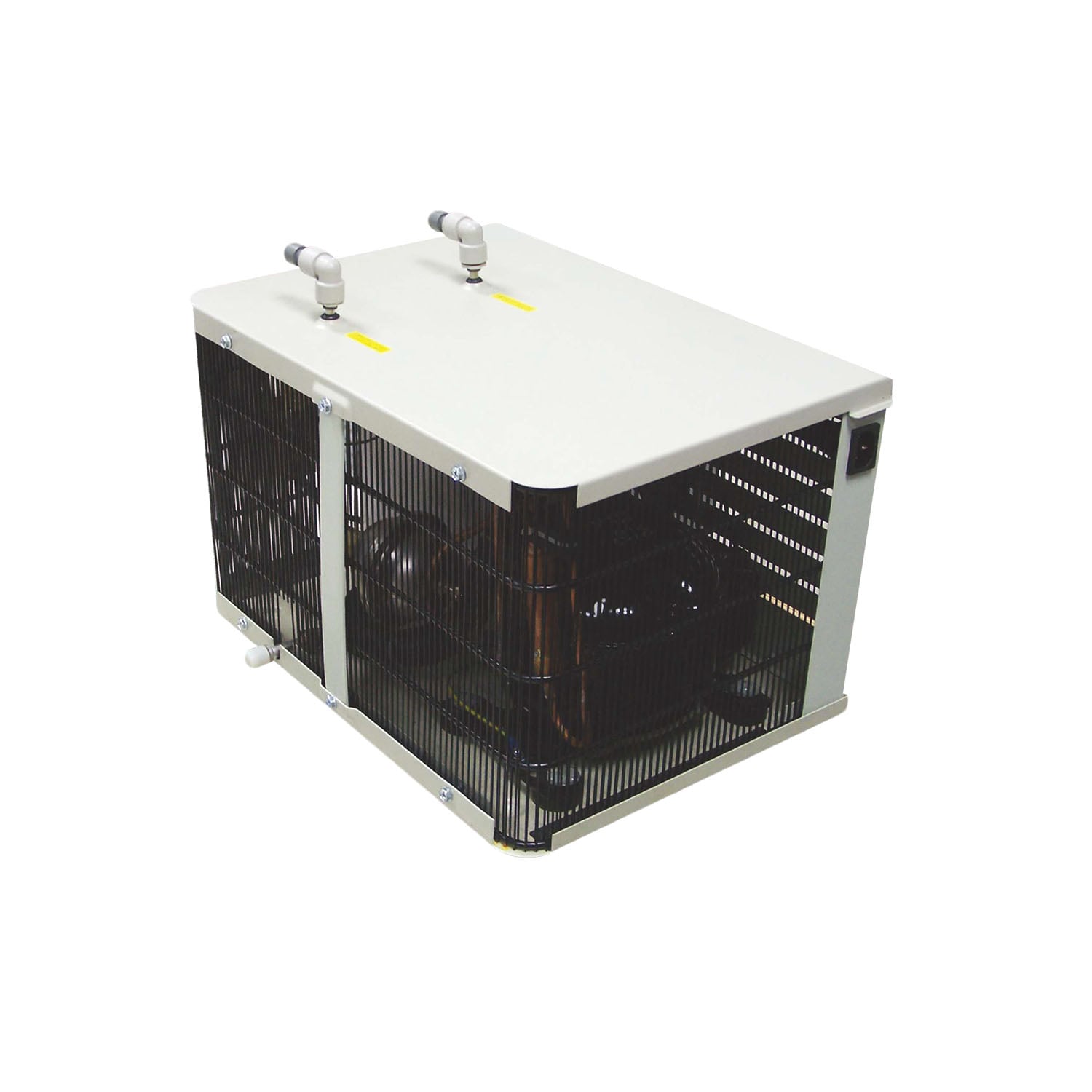 Under-counter water cooler unit with white top and black metal grille sides