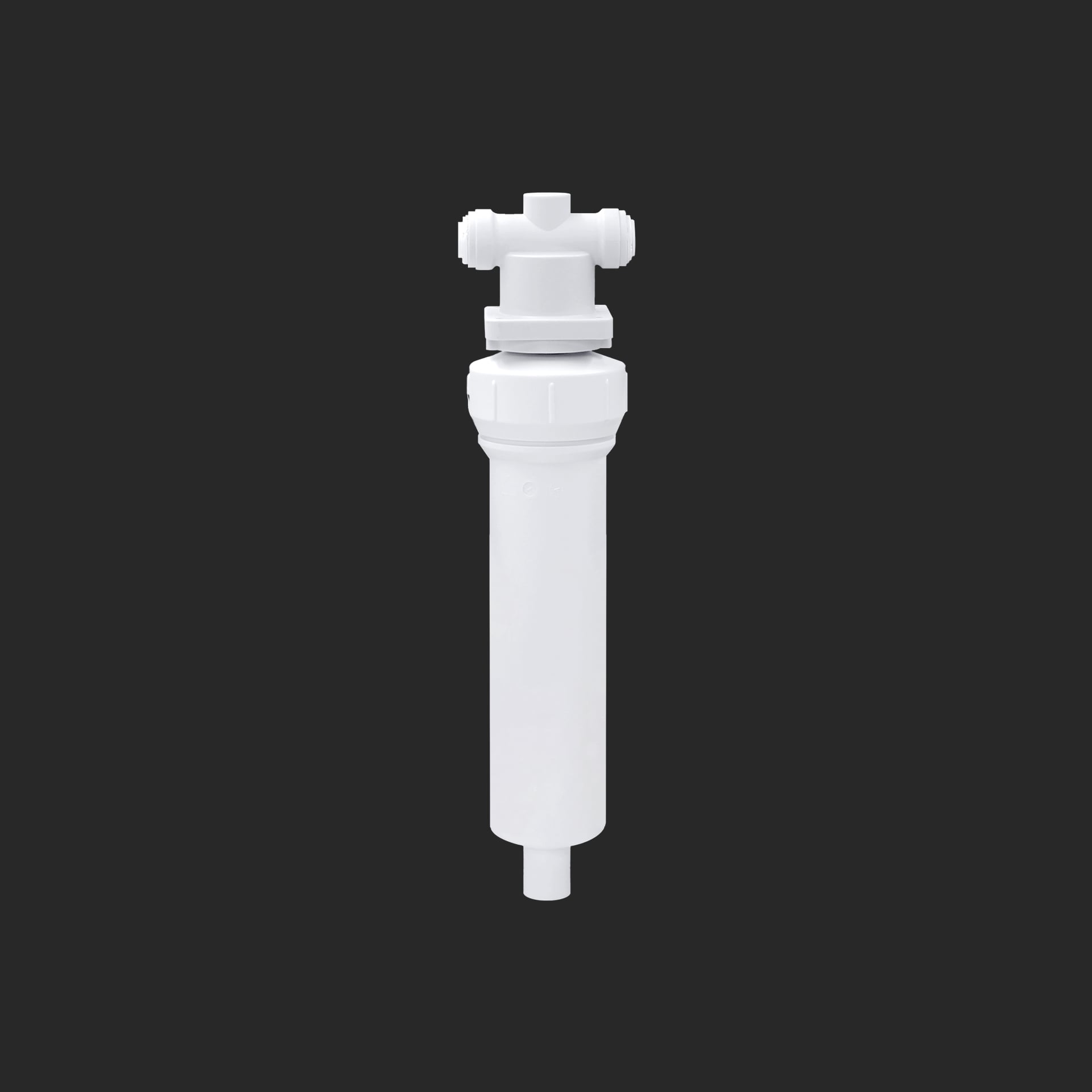 White cylindrical water filter with inlet and outlet connectors on top against dark background