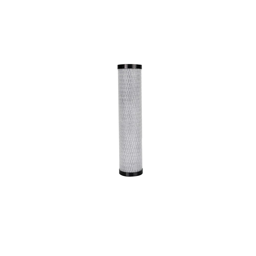 Cylindrical water filter cartridge with grey mesh and black end caps on white background