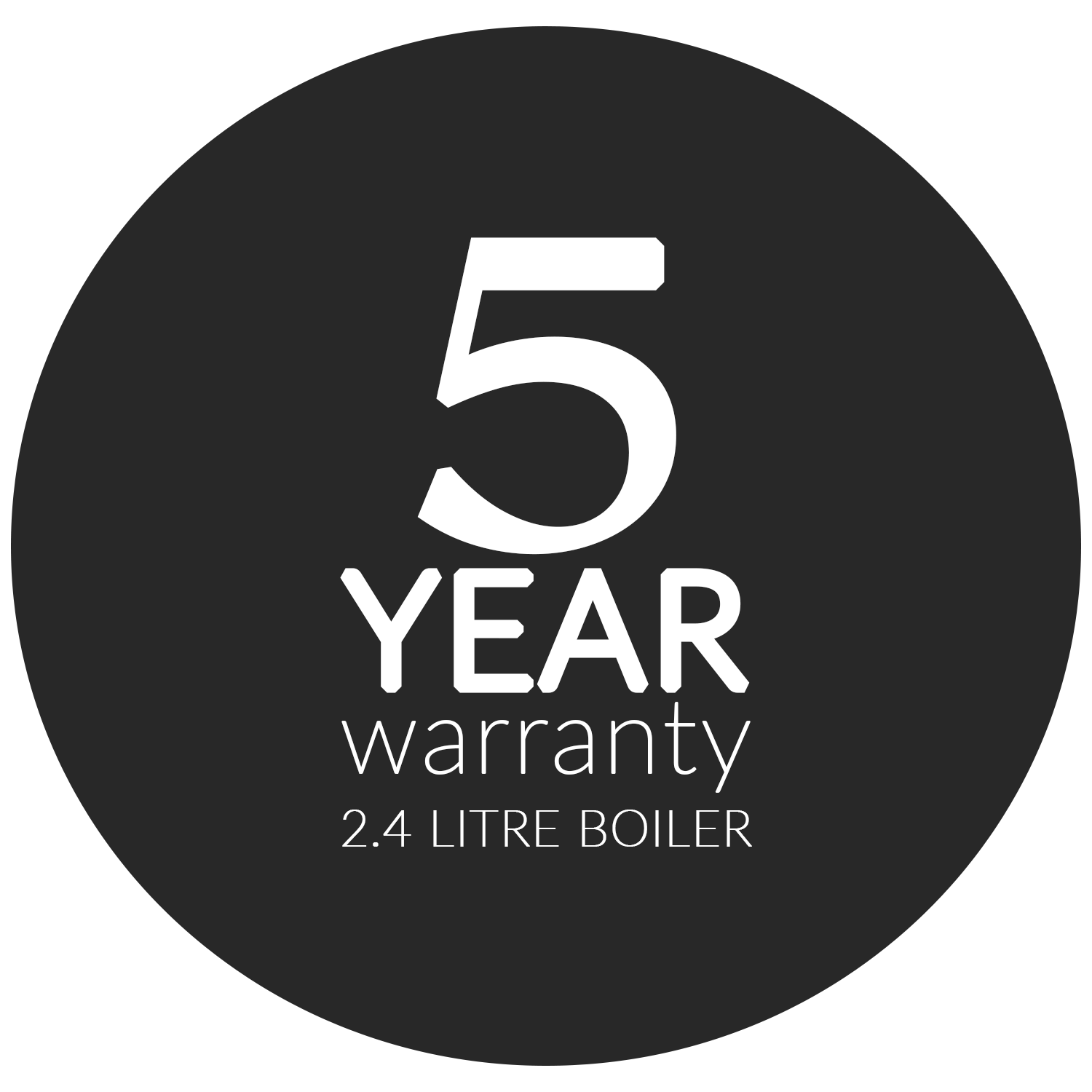 Icon with white text stating 5 year warranty 2.4 litre boiler on black circle background