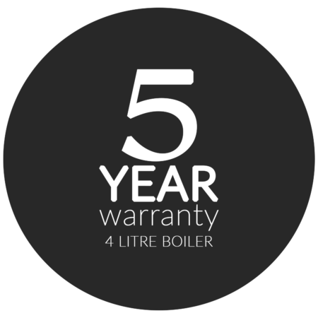 Black circular icon with white text reading "5 year warranty 4 litre boiler