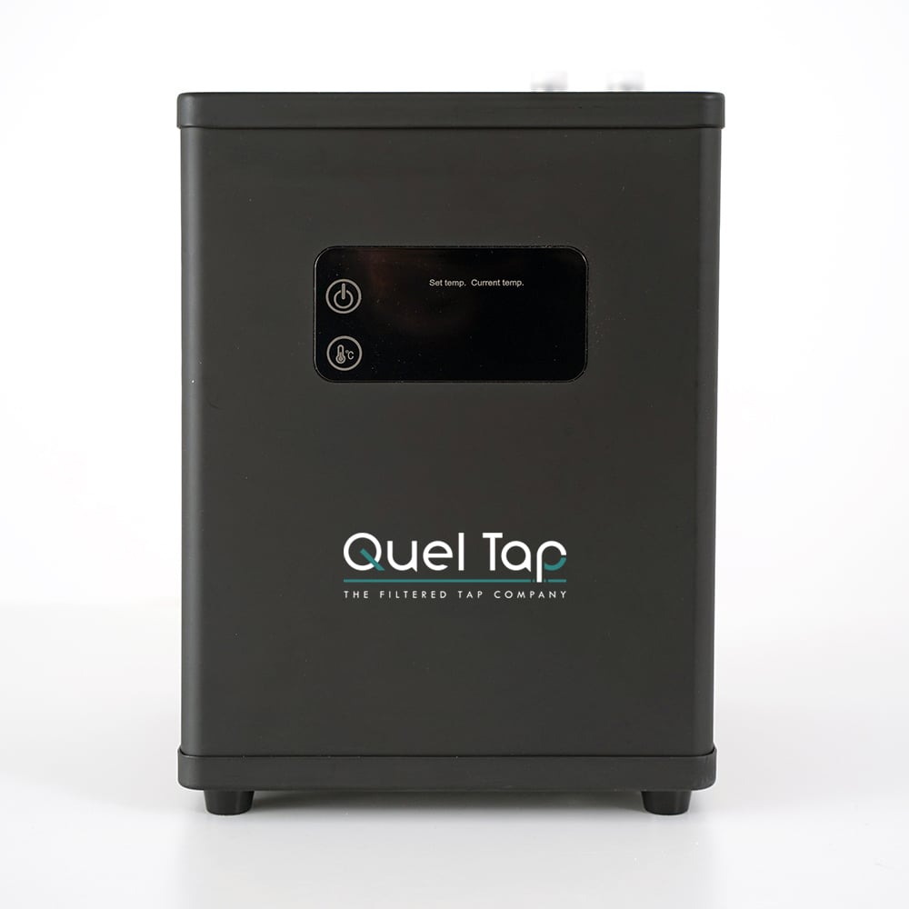 Black rectangular water boiler with digital display and control buttons on front panel