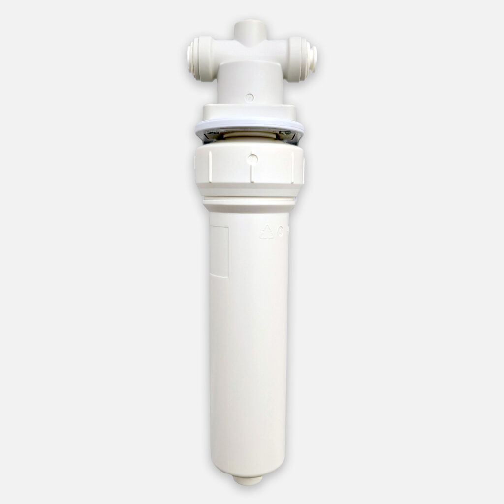 White cylindrical water filter housing with two horizontal inlet/outlet ports on top