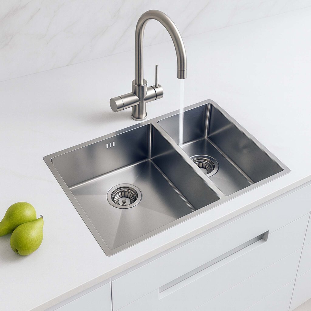 Aquataps Kitchen Sink 1.5 Bowl Stainless Steel Inset or Undermount with Strainer Wastes Brushed Nickel Finish