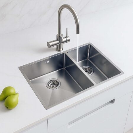 Aquataps Kitchen Sink 1.5 Bowl Stainless Steel Inset or Undermount with Strainer Wastes Brushed Nickel Finish