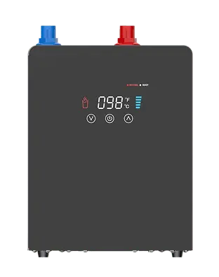 Rectangular black electric boiler with digital temperature display and red and blue water inlet pipes on top