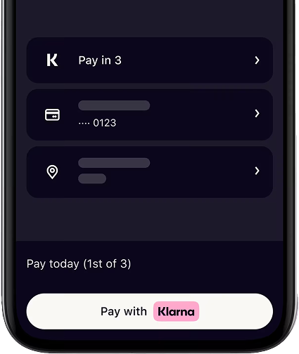 Mobile screen showing Klarna Pay in 3 payment option with credit card and location details