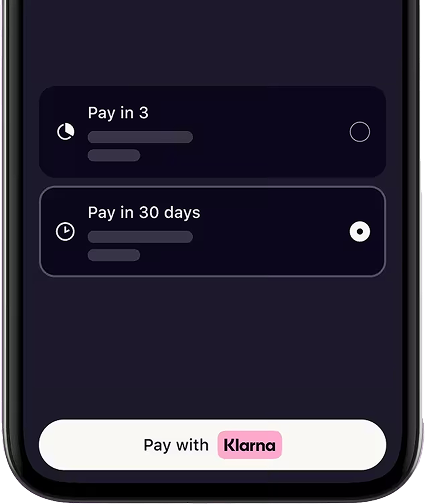 Smartphone screen showing payment options "Pay in 3" and "Pay in 30 days" with Klarna payment button