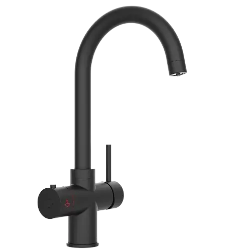 Matt black instant boiling water tap with C-shaped spout and single lever handle