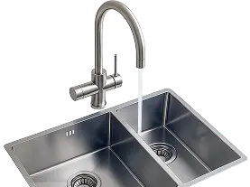 Double basin stainless steel kitchen sink with curved faucet running water