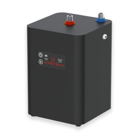 Black rectangular water boiler with digital temperature display and red and blue knobs on top and drain valve on the side
